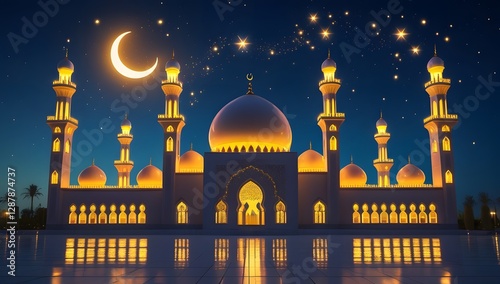 Illuminated Mosque at Night with Glowing Crescent Moon. Ramadan Scene