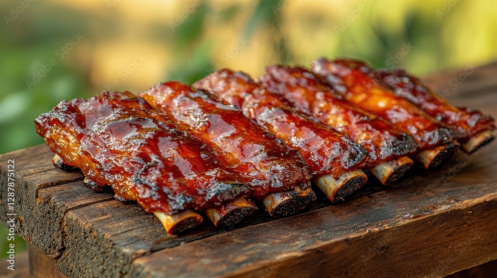 Delicious BBQ Ribs on Rustic Wooden Board Delicious BBQ Ribs on Rustic Wooden Board