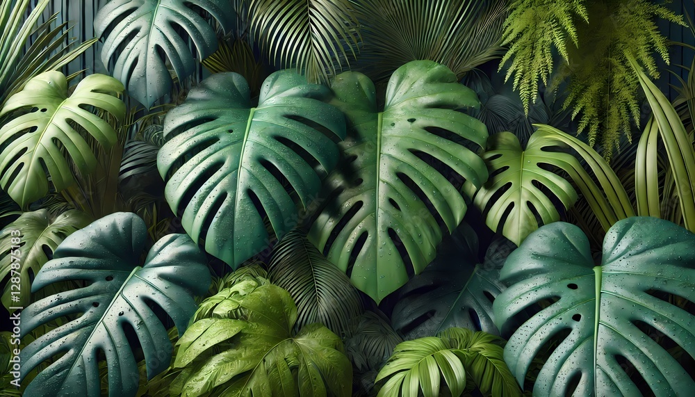 Dense tropical jungle background with large monstera leaves, rich emerald green hues, moisture droplets, and realistic shading, perfect for wallpaper Dense tropical jungle background with large monstera leaves, rich emerald green hues, moisture droplets, and realistic shading, perfect for wallpaper
