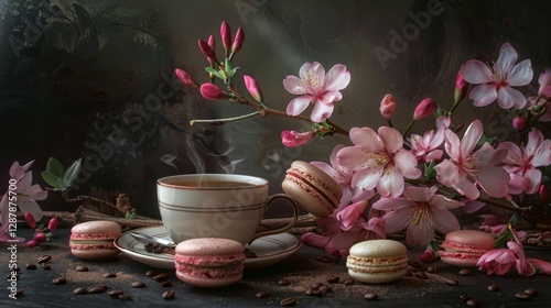 A black cup of coffee with macarons. Colorful macarons with cream, strawberry, and pink flower. Delicious French macarons. Strawberry and rose macarons. Cookies. Valentine's Day. Mother's Day