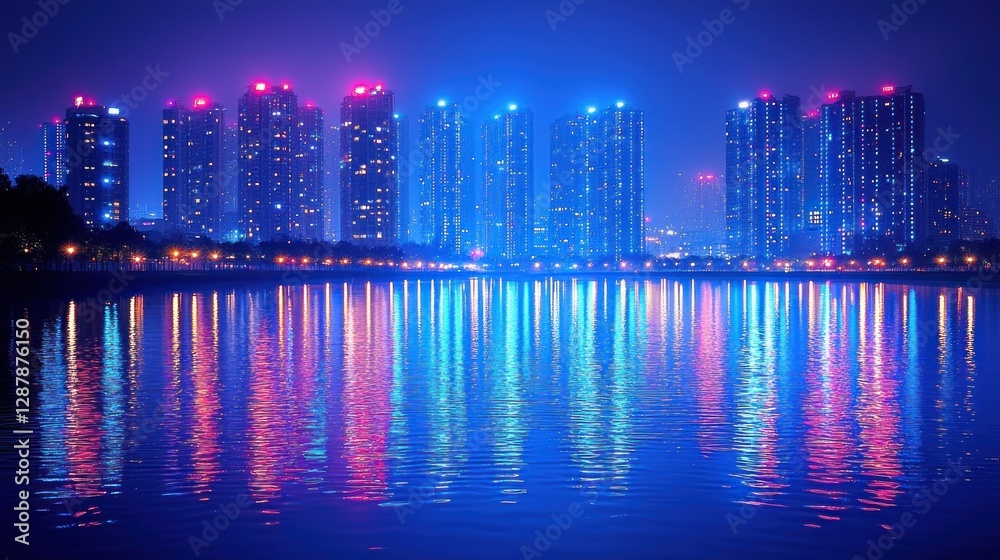 Obraz premium Night cityscape reflected in calm water.