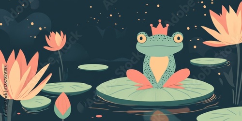 Frog King on Lily Pad at Night