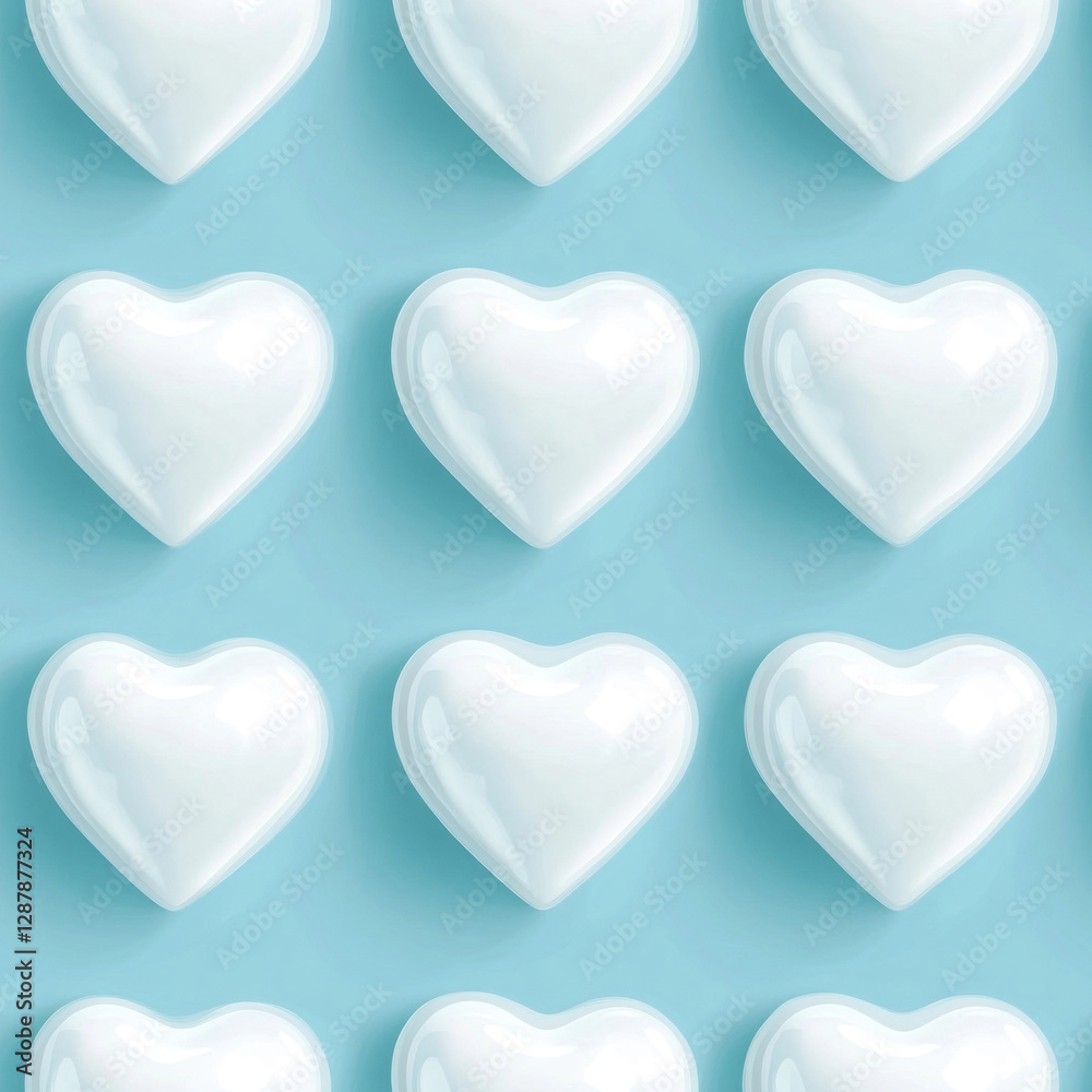 Fototapeta premium Seamless pattern many white heart-shaped candies aligned on a solid pale blue surface