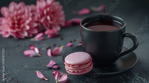 A black cup of coffee with macarons. Colorful macarons with cream, strawberry, and pink flower. Delicious French macarons. Strawberry and rose macarons. Cookies. Valentine's Day. Mother's Day
