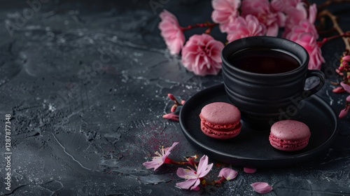 A black cup of coffee with macarons. Colorful macarons with cream, strawberry, and pink flower. Delicious French macarons. Strawberry and rose macarons. Cookies. Valentine's Day. Mother's Day