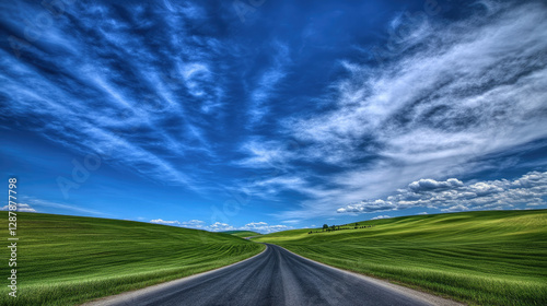 Wide road into distance, flanked by green fields and blue sky. High-definition, horizontal composition. Serene beauty.