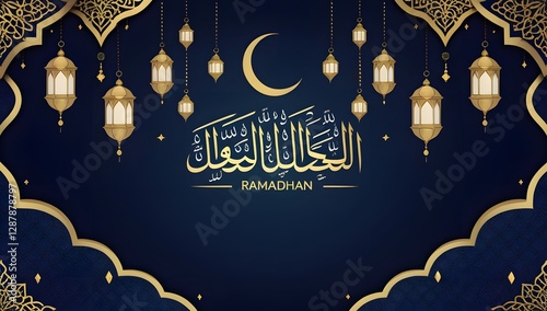 Elegant Ramadhan Background with Golden Calligraphy and Lanterns