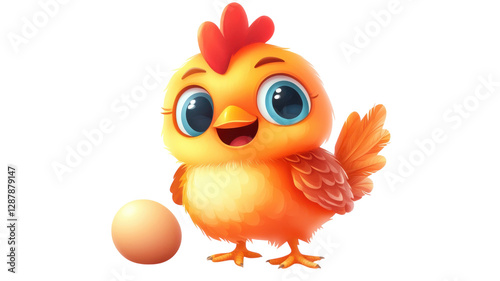 Cute cartoon chick standing next to a small egg, showcasing vibrant colors and cheerful expression in a playful design suitable for children
