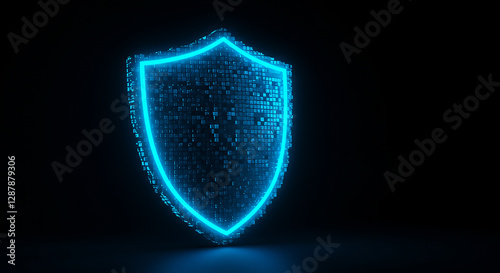 Holographic shield with a pixelated surface, emitting a bright blue cyber glow