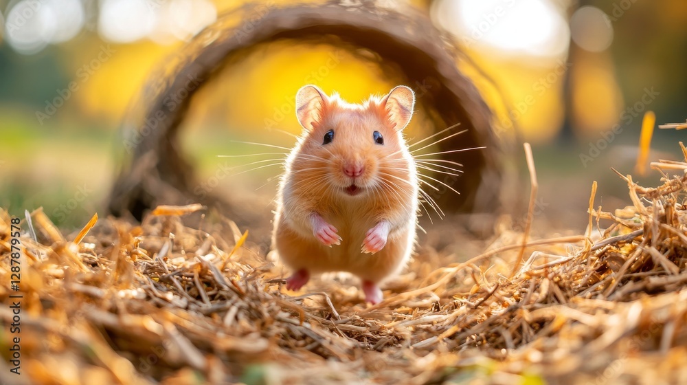 Hamster leaps through hay tunnel. Autumn park Hamster leaps through hay tunnel. Autumn park