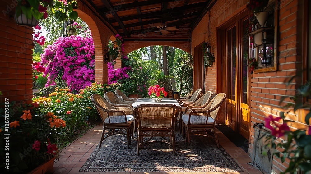 Fototapeta premium Sunny patio dining, lush garden, arched pergola