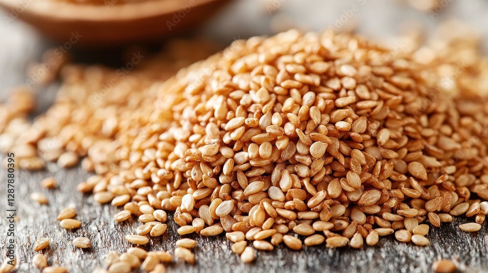 Obraz premium Close-up of a Pile of Roasted Sesame Seeds on a Rustic Wooden Surface