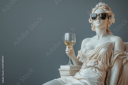 Arrogant portrait of a sculpture of Aphrodite in fashionable sunglasses with wine glass in hand on a gray background 