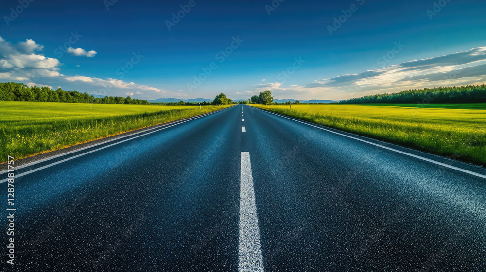 Naklejka premium Wide road into distance, flanked by green fields and blue sky. High-definition, horizontal composition. Serene beauty.