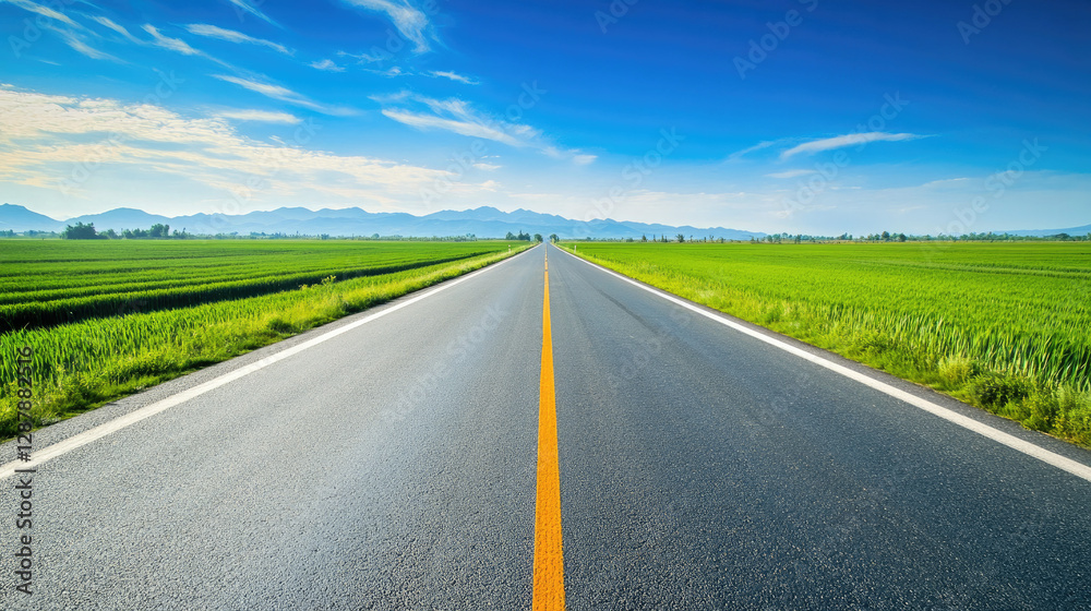 Wide road into distance, flanked by green fields and blue sky. High-definition, horizontal composition. Serene beauty. Wide road into distance, flanked by green fields and blue sky. High-definition, horizontal composition. Serene beauty.
