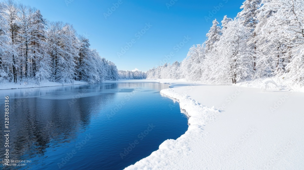 Frozen river in snowy forest winter landscape Frozen river in snowy forest winter landscape
