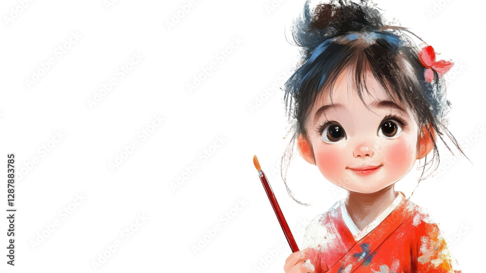 Young child in traditional clothing holding a paintbrush with a joyful expression on a bright background Young child in traditional clothing holding a paintbrush with a joyful expression on a bright background