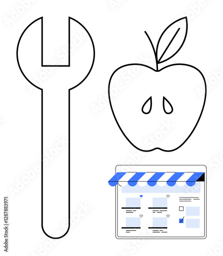 Large wrench beside stylized apple, both above digital storefront icon with striped awning. Ideal for themes thumbs up repair, nutrition, e-commerce, health, technology, online services, DIY culture