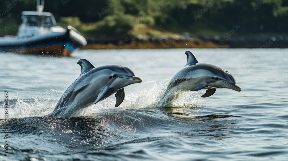 Obraz premium Two dolphins leap out of the water in perfect harmony. Their playful nature reflects joy and freedom. This captivating scene showcases marine life beauty. Generative AI