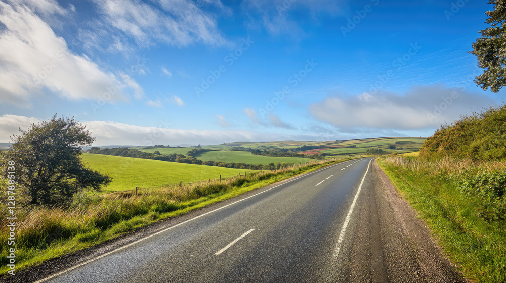 Wide road into distance, flanked by green fields and blue sky. High-definition, horizontal composition. Serene beauty. Wide road into distance, flanked by green fields and blue sky. High-definition, horizontal composition. Serene beauty.