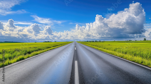 Wide road into distance, flanked by green fields and blue sky. High-definition, horizontal composition. Serene beauty.