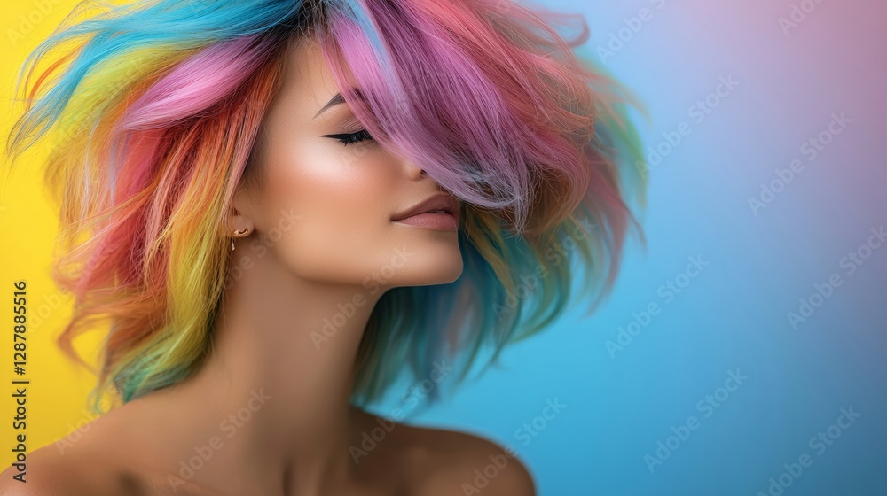 Woman with rainbow colored hair is smiling and looking at the camera. The image has a bright and cheerful mood, with the colorful hair and the woman's smile conveying a sense of happiness Woman with rainbow colored hair is smiling and looking at the camera. The image has a bright and cheerful mood, with the colorful hair and the woman's smile conveying a sense of happiness