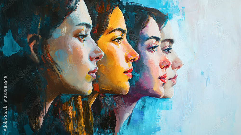 European women in profile express unity and strength through abstract oil painting showcasing gender equality European women in profile express unity and strength through abstract oil painting showcasing gender equality