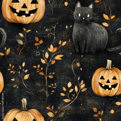 Spooky black cat with pumpkins on vintage dark floral Halloween night background
