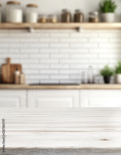 Bright kitchen interior with light wood counter and blurred background, ideal for food display