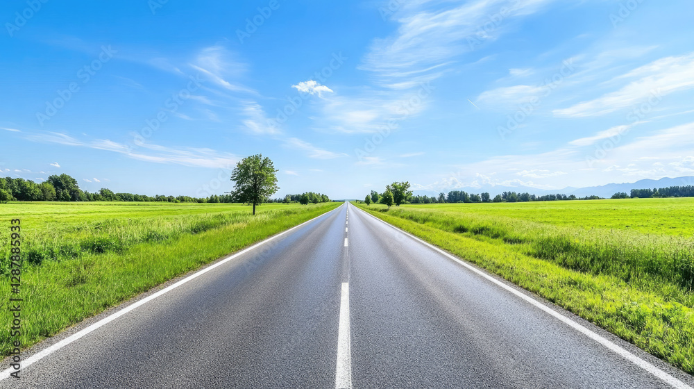 Fototapeta premium Wide road into distance, flanked by green fields and blue sky. High-definition, horizontal composition. Serene beauty.