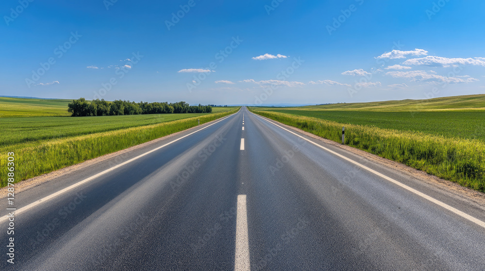 Wide road into distance, flanked by green fields and blue sky. High-definition, horizontal composition. Serene beauty. Wide road into distance, flanked by green fields and blue sky. High-definition, horizontal composition. Serene beauty.