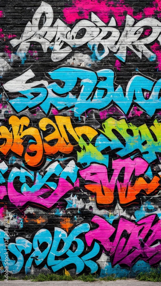 Obraz premium Colorful graffiti artwork on urban brick wall with vibrant blue, pink, orange, and white lettering. Street art background for creative design