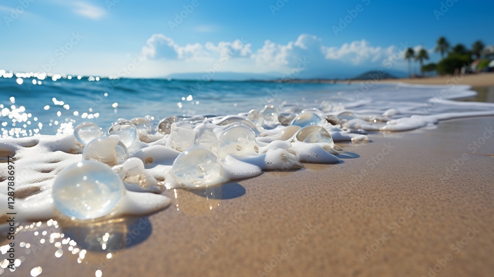 Sparkling Sea Foam Bubbles on Sandy Beach with Soft Wave Action on a Sunny Day Sparkling Sea Foam Bubbles on Sandy Beach with Soft Wave Action on a Sunny Day