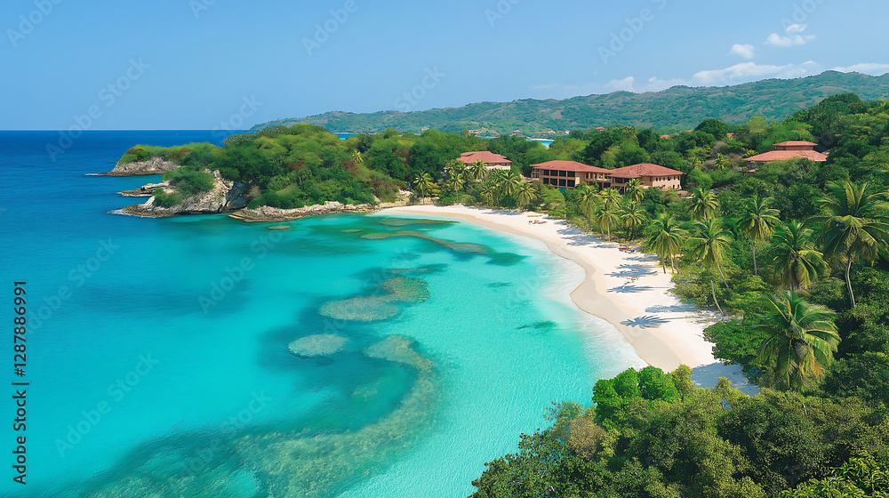 Fototapeta premium tropical island surrounded by crystal-clear turquoise waters, coral reefs visible beneath the surface, white sandy beaches curving along the shoreline, palm trees