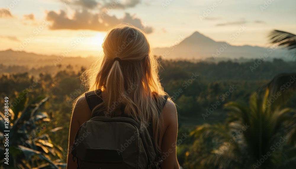 Enjoying a sunset view in nature near a mountain landscape Enjoying a sunset view in nature near a mountain landscape