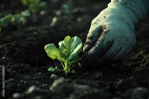 A detailed shot of a gardenerâ€™s gloved hands pressing down soil around a young lettuce plant, representing sustainable farming. photo