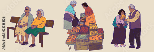Happy elderly people sticker set. Grandparents silhouettes isolated on transparent background. Clipart of aged people. Women relax on a bench, shop at the fruit market, receive gifts of flowers