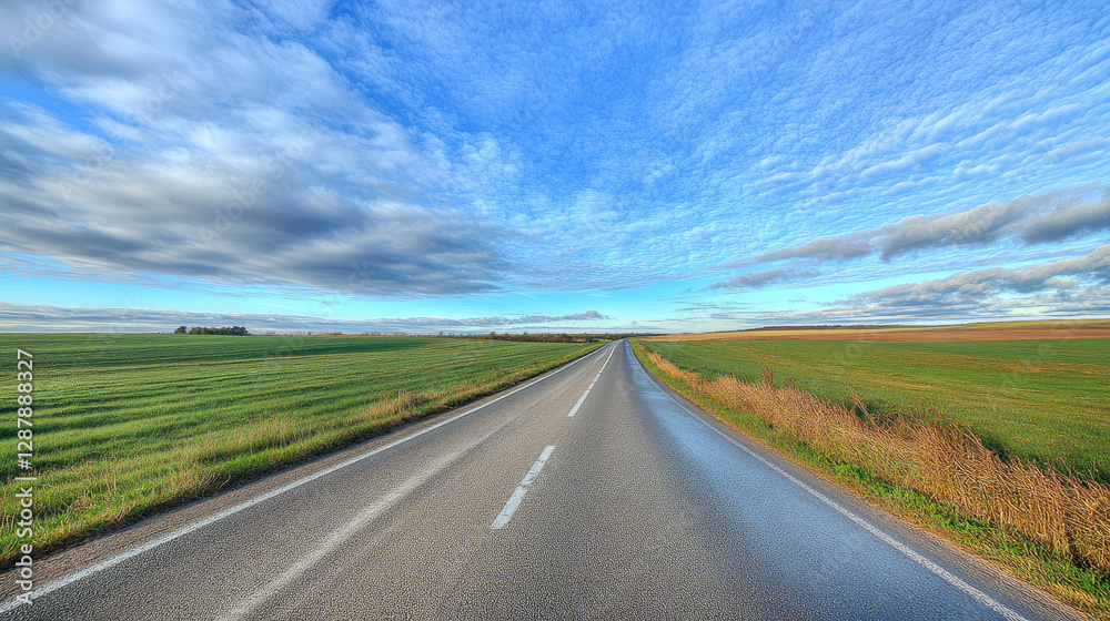 Wide road into distance, flanked by green fields and blue sky. High-definition, horizontal composition. Serene beauty. Wide road into distance, flanked by green fields and blue sky. High-definition, horizontal composition. Serene beauty.