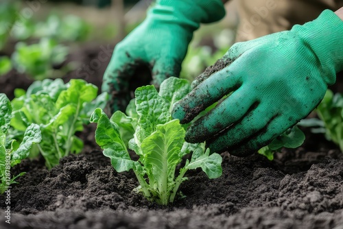 A detailed shot of a gardenerâ€™s gloved hands pressing down soil around a young lettuce plant, representing sustainable farming. photo