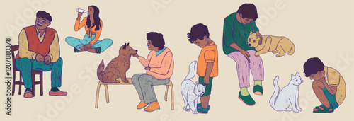 Set of people and animals illustrations. An elderly woman, a man, children with their pets. Dogs and cats care. Collection of character silhouettes in retro style.  Isolated stickers