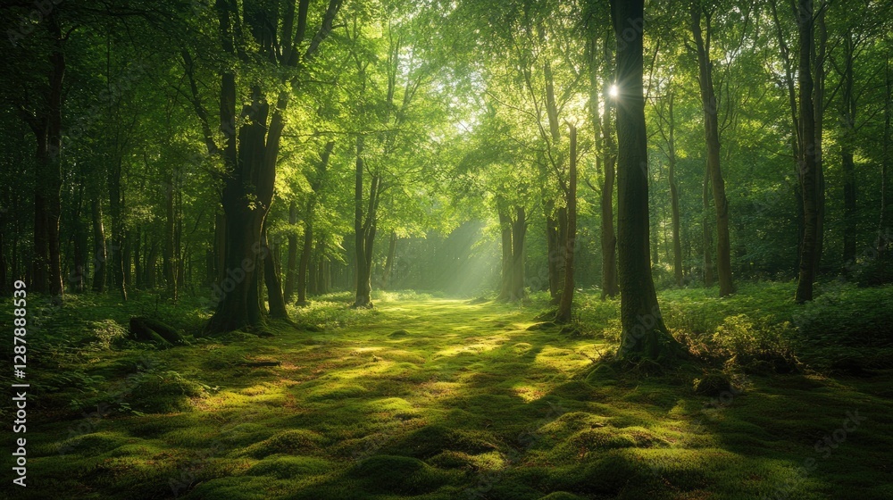 Obraz premium A beautiful woodland clearing bathed in soft sunlight with dense trees surrounding it and patches of green moss on the ground.