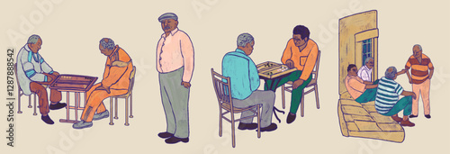 Set of elderly life illustrations. Old men spend time together playing checkers. Happy healthy old age. Collection of lifestyle silhouettes of characters in retro style. Stickers isolated