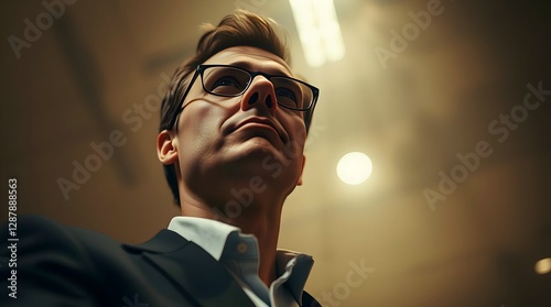 Cinematic Portrait of Confident Man in Formal Suit, Glasses, Low Angle Perspective, with Warm Lighting and Professional Ambiance.