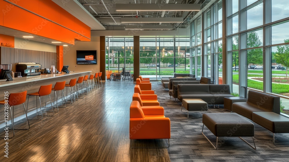 Fototapeta premium Modern Interior of a Stylish Lounge with Orange Accents and Seating