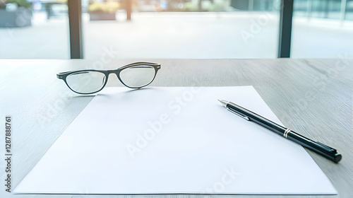 Blank White Paper with Pen and Eyeglasses on Wooden Desk