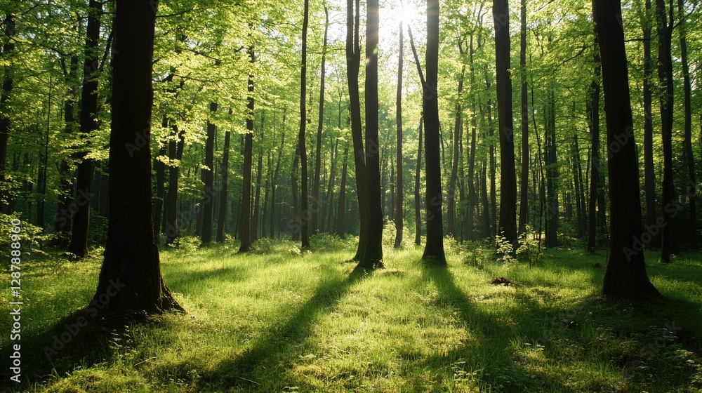 Fototapeta premium A bright woodland in the spring with fresh green leaves, and soft sunlight casting gentle shadows on the forest floor.