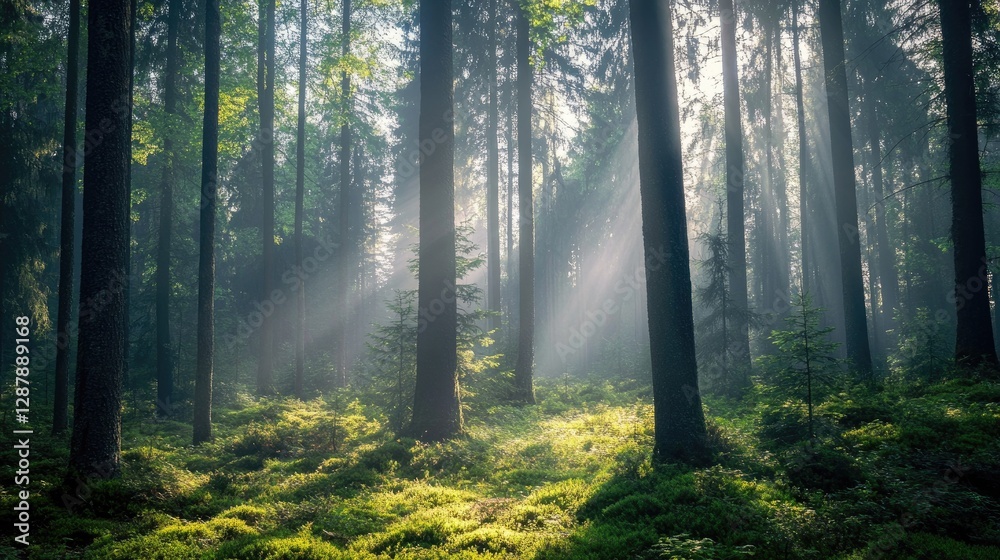 Obraz premium A calm and peaceful evergreen forest with sunlight streaming through the tree canopy, illuminating the forest floor.
