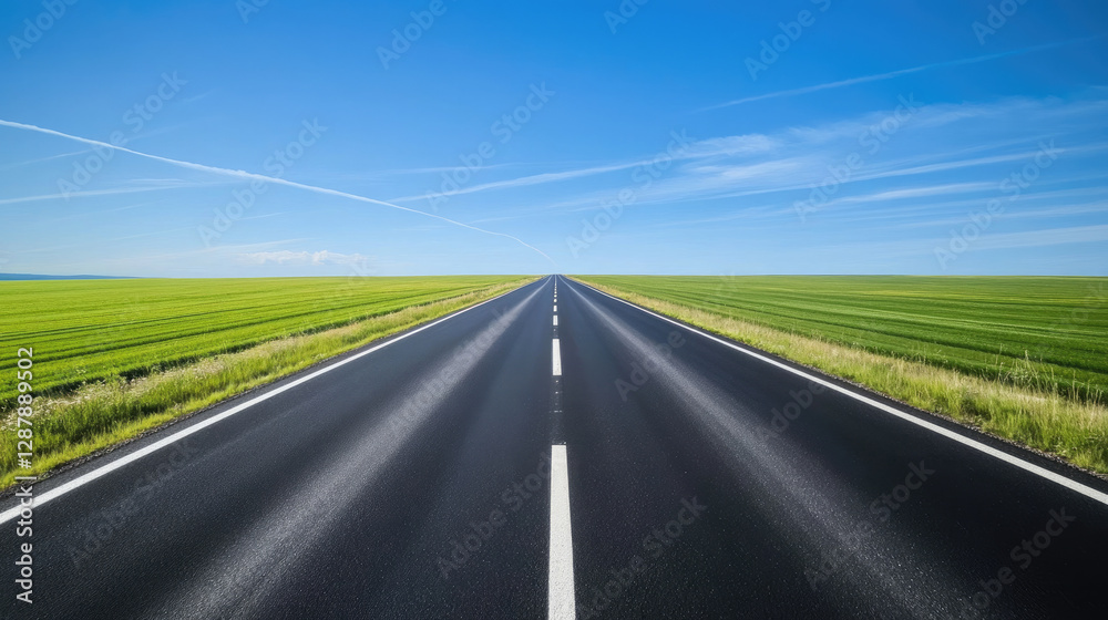 Fototapeta premium Wide road into distance, flanked by green fields and blue sky. High-definition, horizontal composition. Serene beauty.