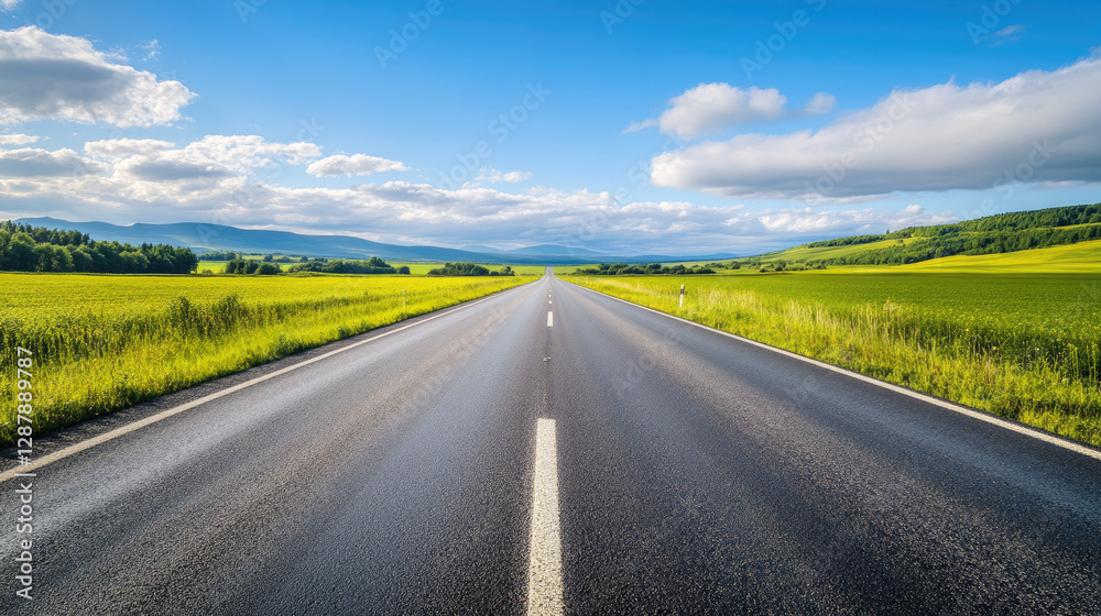 Wide road into distance, flanked by green fields and blue sky. High-definition, horizontal composition. Serene beauty. Wide road into distance, flanked by green fields and blue sky. High-definition, horizontal composition. Serene beauty.