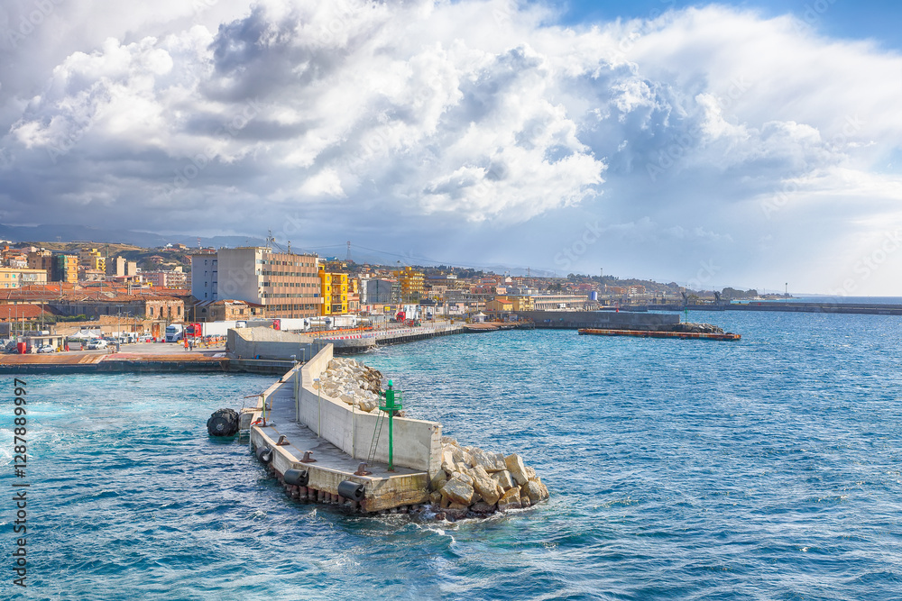Amazing Cityscape of Villa San Giovanni town and port conecting Villa San Giovanni and Messina.